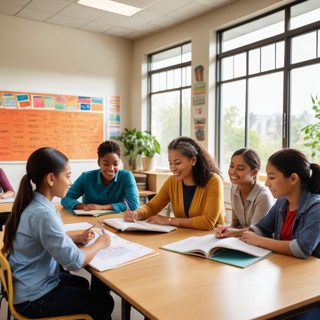 A nurturing mentor guiding a diverse group of students in an academic setting, surrounded by books and technology. The scene showcases a vibrant discussion with charts and graphs, symbolizing professional development. Warm, inviting colors create a motivating atmosphere. Include symbols of growth like plants or ascending arrows. super-realistic. vibrant colors. academic environment.