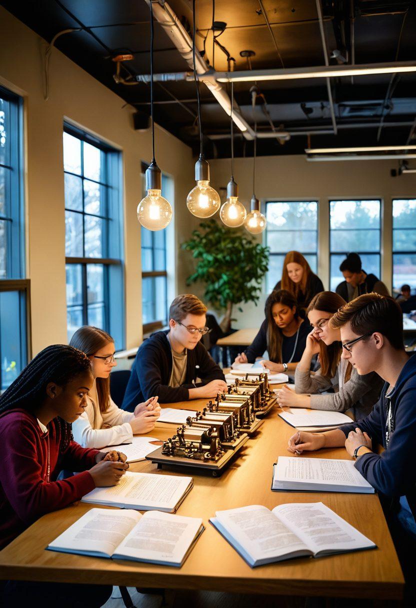 A modern academic setting featuring diverse students engaged in collaborative learning, surrounded by glowing books and digital resources. Infuse elements of creativity like lightbulbs and gears symbolizing transformation and innovation. Show a warm and inviting atmosphere, with soft light illuminating the space, and students sharing ideas animatedly. super-realistic. vibrant colors. inspirational atmosphere.