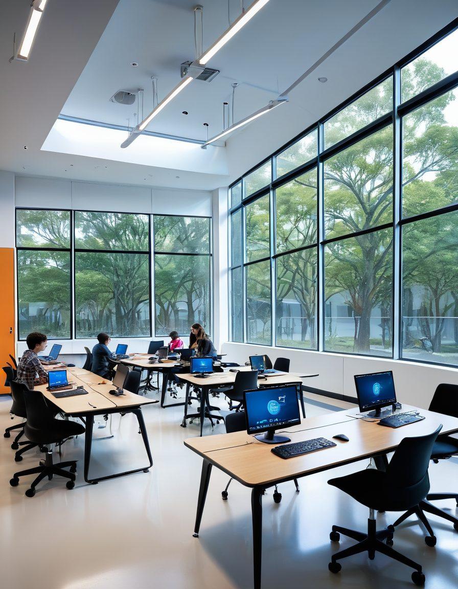 A futuristic classroom filled with dynamic learning stations featuring advanced technology, interactive screens, and diverse student groups collaborating. Bright natural light streams through large windows, emphasizing a lively and inspiring atmosphere. Include elements like virtual reality headsets and educational robots, symbolizing innovation and engagement in education. super-realistic. vibrant colors. white background.